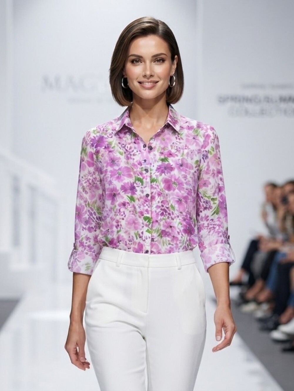 100% Linen Floral Button Down Shirt Pink Purple Long Sleeve Blouse Large